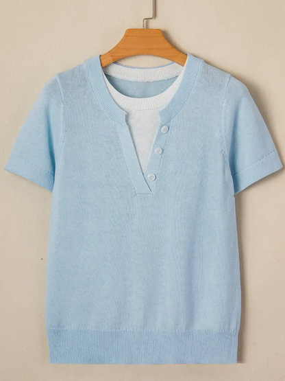 Women's Everyday Contrast Trim V Neck Knit Short Sleeve Blouse