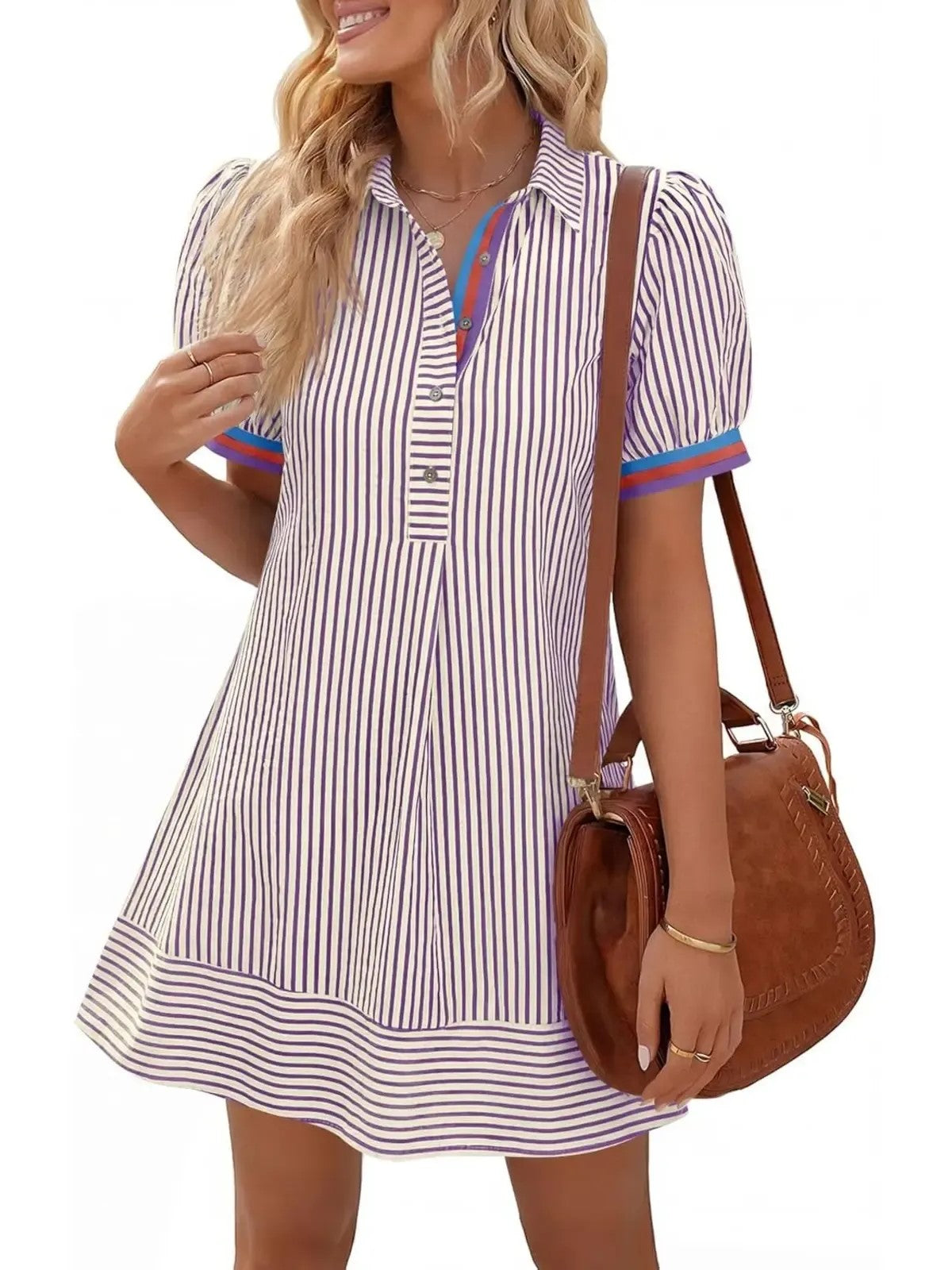 Women's Striped Collared Puff Sleeve Mini Shirt Dress