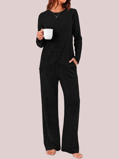Women's Ribbed Long Sleeve Top & Wide Leg Pants Loungewear Set