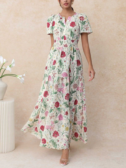 Women's Boho Floral Smocked Waist Maxi Dress