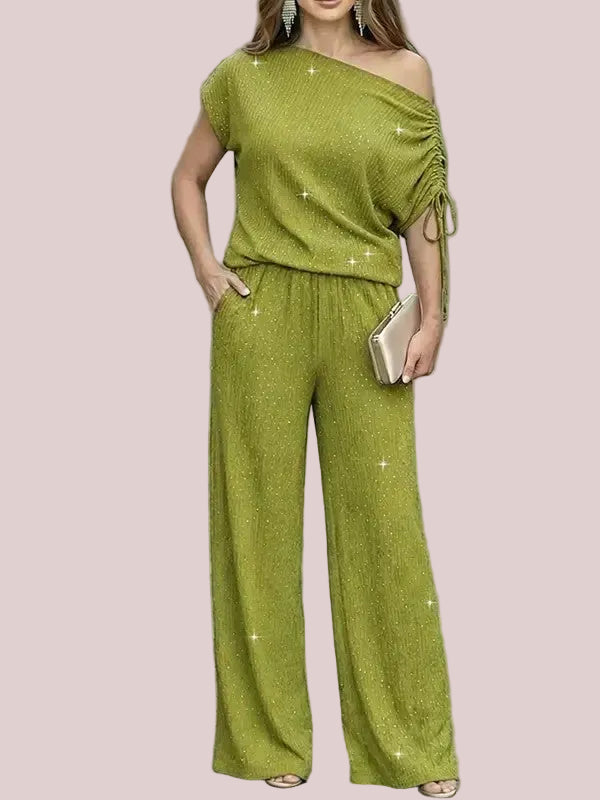 Women's Sparkle Off Shoulder Drawstring Top & Wide Leg Pants Set
