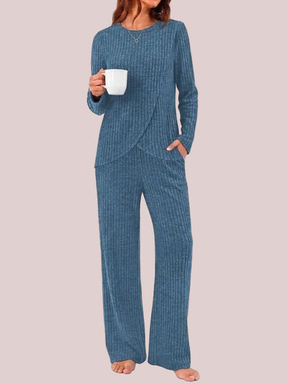 Women's Ribbed Long Sleeve Top & Wide Leg Pants Loungewear Set