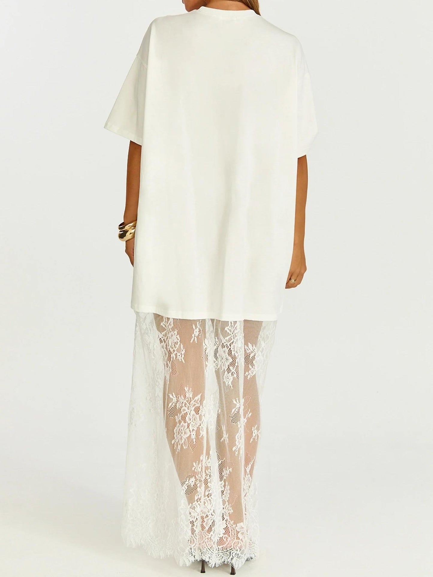 Women's Oversized T-Shirt Maxi Dress with Sheer Lace Hem