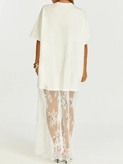 Women's Oversized T-Shirt Maxi Dress with Sheer Lace Hem
