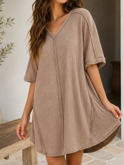Vintage Wash Ribbed Casual Mini Dress