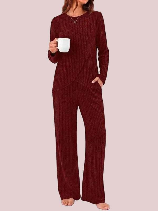 Women's Ribbed Long Sleeve Top & Wide Leg Pants Loungewear Set