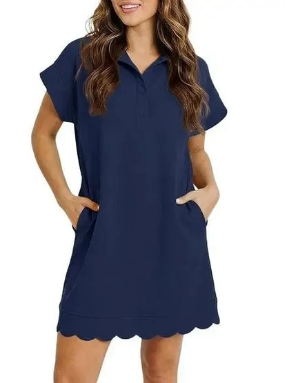 Women's Scallop Hem Polo Mini Dress With Pockets