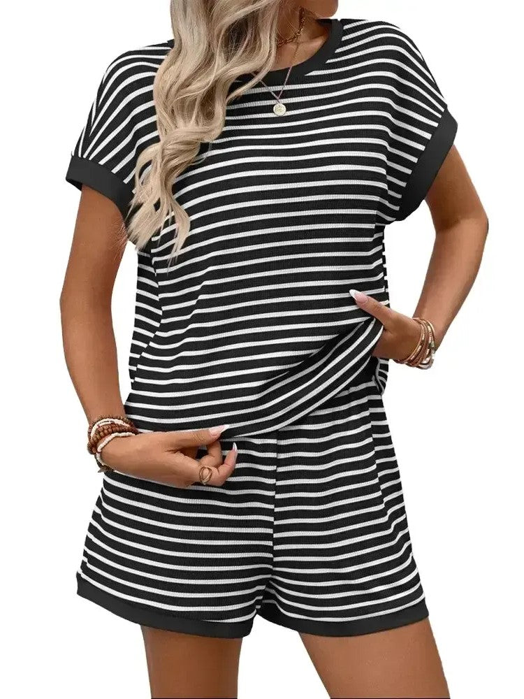 Women's Summer Matching Set Striped Short Sleeve Lounge Set Two Piece Outfit
