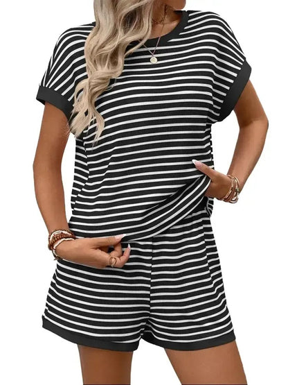 Women's Summer Matching Set Striped Short Sleeve Lounge Set Two Piece Outfit