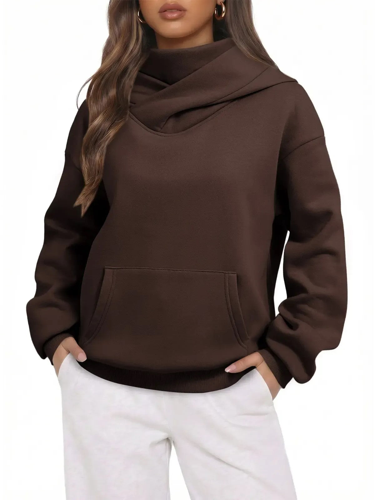 Women's Cowl Neck Hoodie with Kangaroo Pocket
