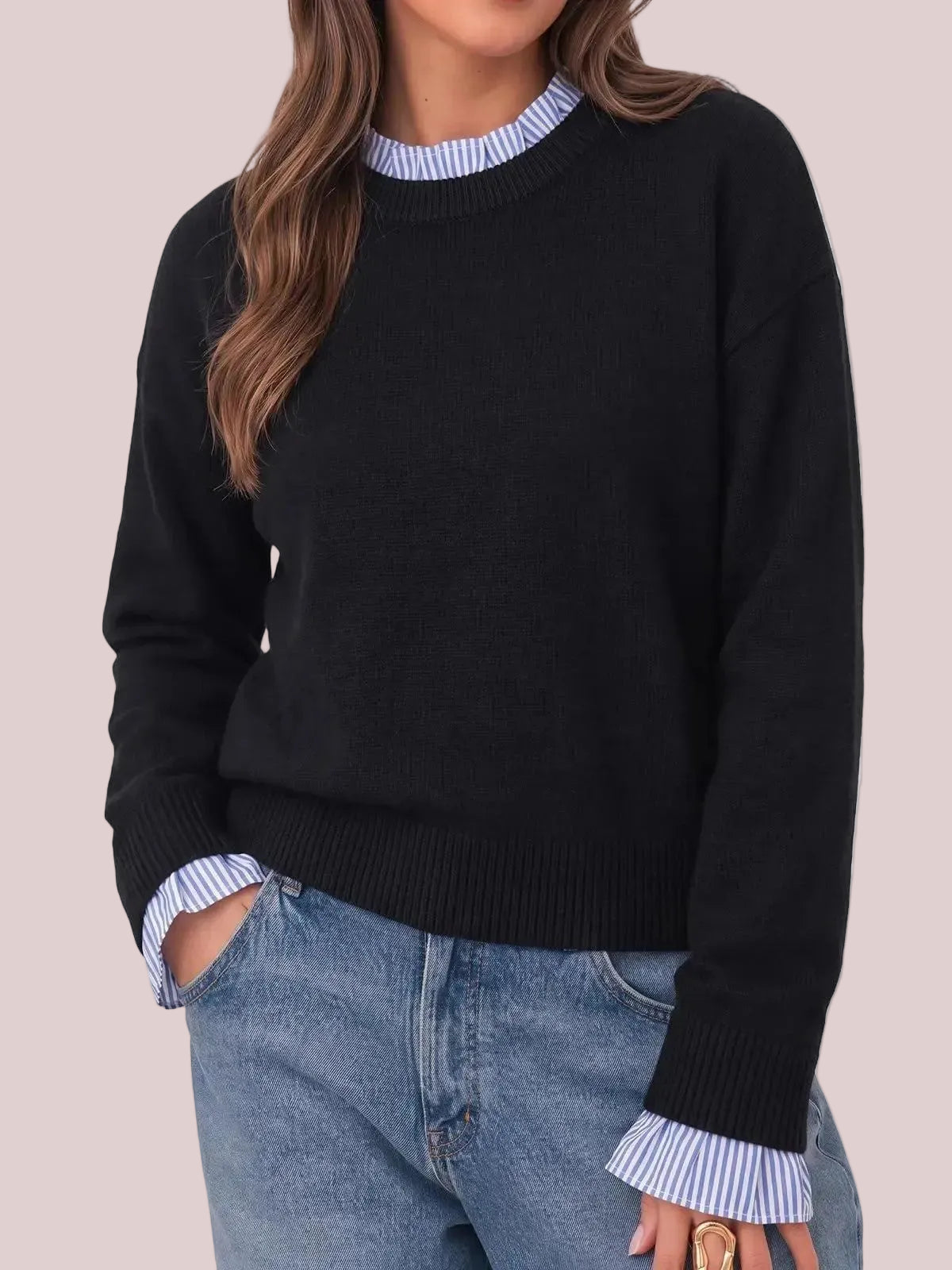Women's Ruffle Striped Trim Crew Neck Fake Two Piece Sweater