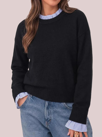 Women's Ruffle Striped Trim Crew Neck Fake Two Piece Sweater