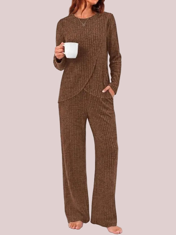 Women's Ribbed Long Sleeve Top & Wide Leg Pants Loungewear Set
