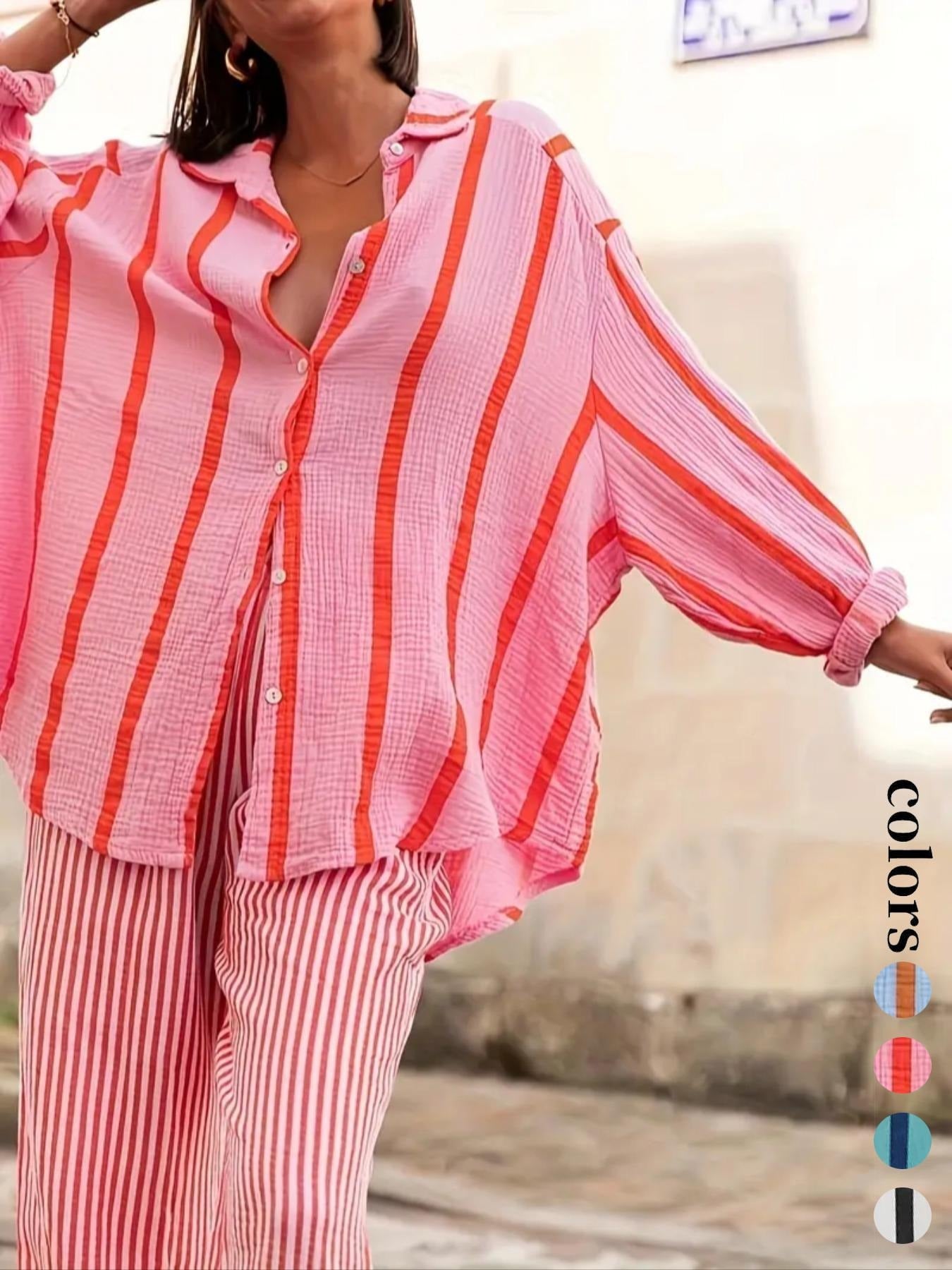 Women's Daily Wear Flowy Oversized Stripe Button Shirt