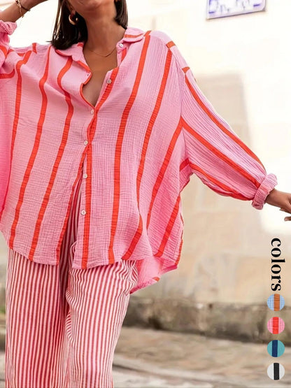 Women's Daily Wear Flowy Oversized Stripe Button Shirt