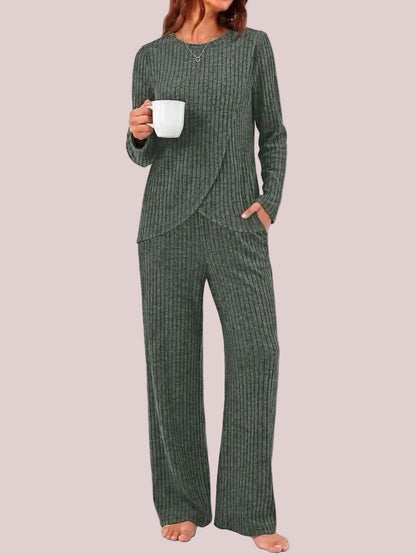 Women's Ribbed Long Sleeve Top & Wide Leg Pants Loungewear Set