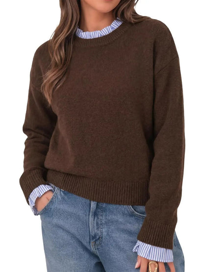 Women's Ruffle Striped Trim Crew Neck Fake Two Piece Sweater