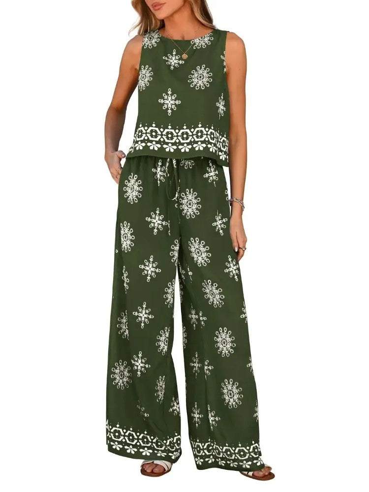 Women's Boho Sleeveless Top and Long Pants Two-Piece Set