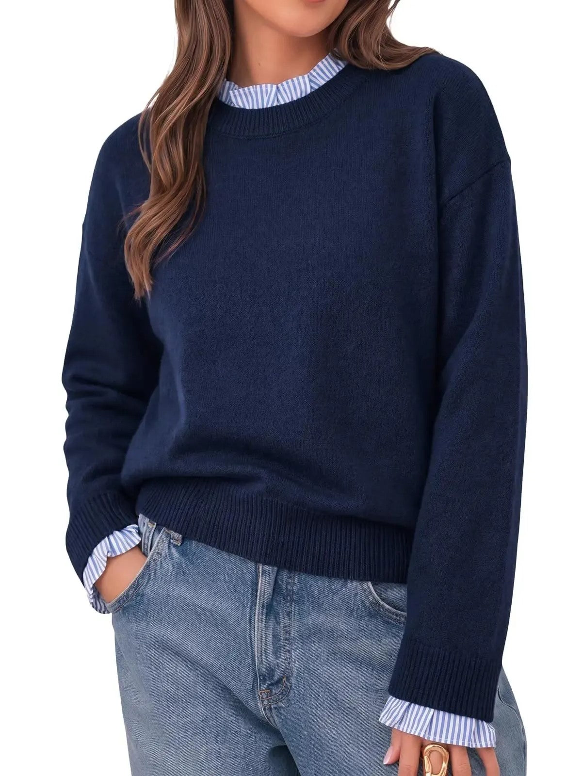 Women's Ruffle Striped Trim Crew Neck Fake Two Piece Sweater