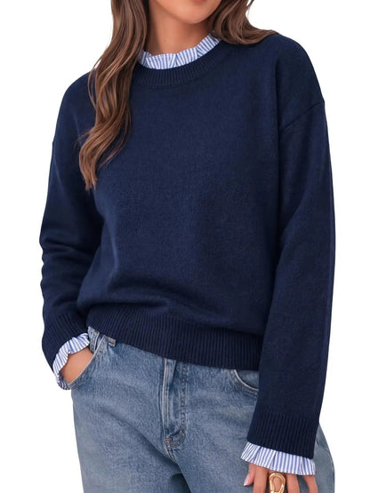 Women's Ruffle Striped Trim Crew Neck Fake Two Piece Sweater