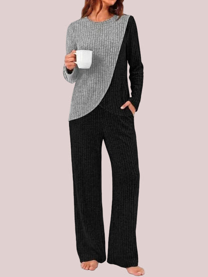Women's Ribbed Long Sleeve Top & Wide Leg Pants Loungewear Set