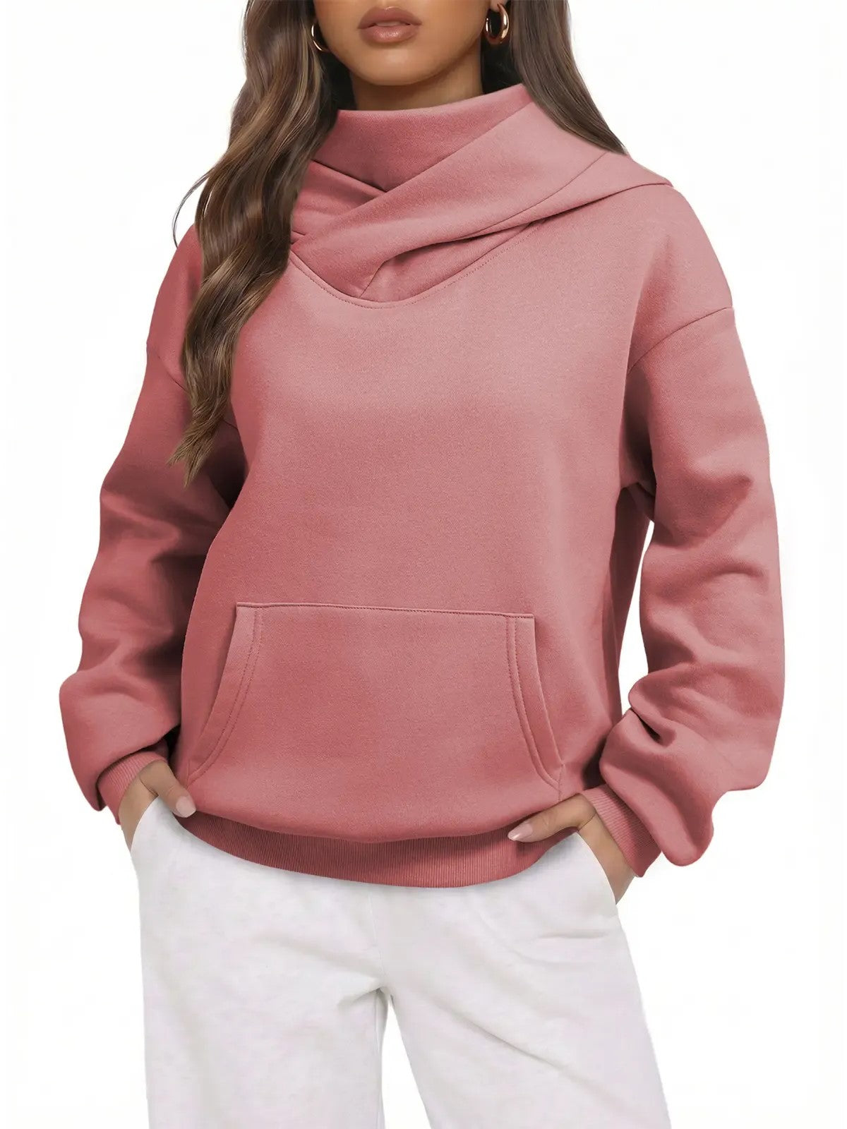 Women's Cowl Neck Hoodie with Kangaroo Pocket