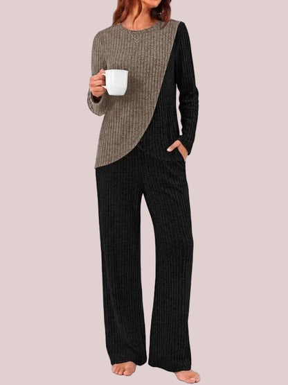 Women's Ribbed Long Sleeve Top & Wide Leg Pants Loungewear Set