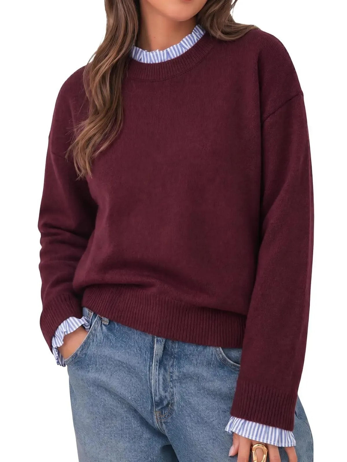 Women's Ruffle Striped Trim Crew Neck Fake Two Piece Sweater