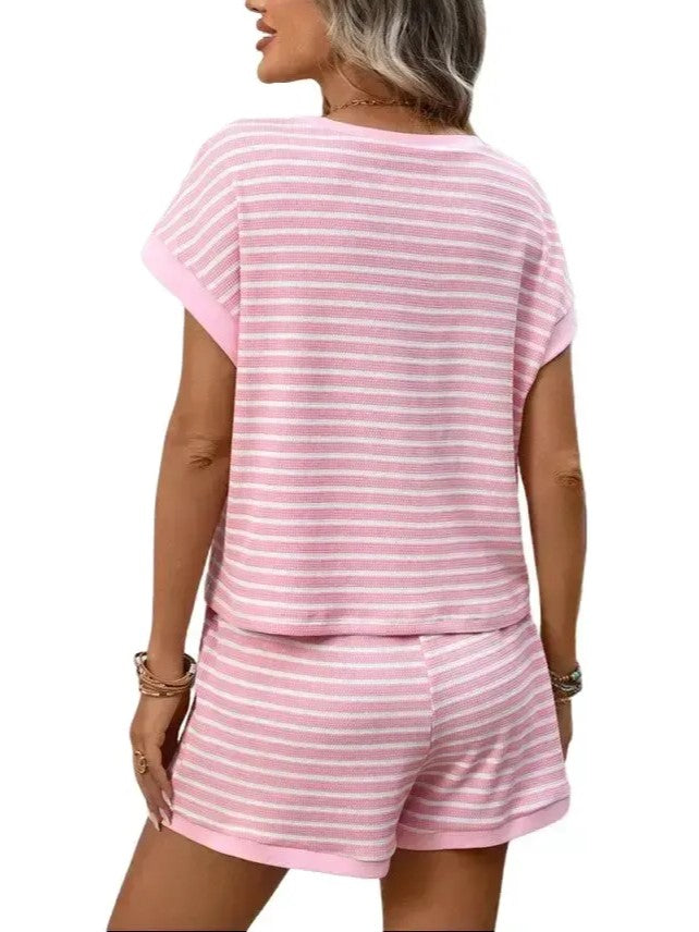 Women's Summer Matching Set Striped Short Sleeve Lounge Set Two Piece Outfit