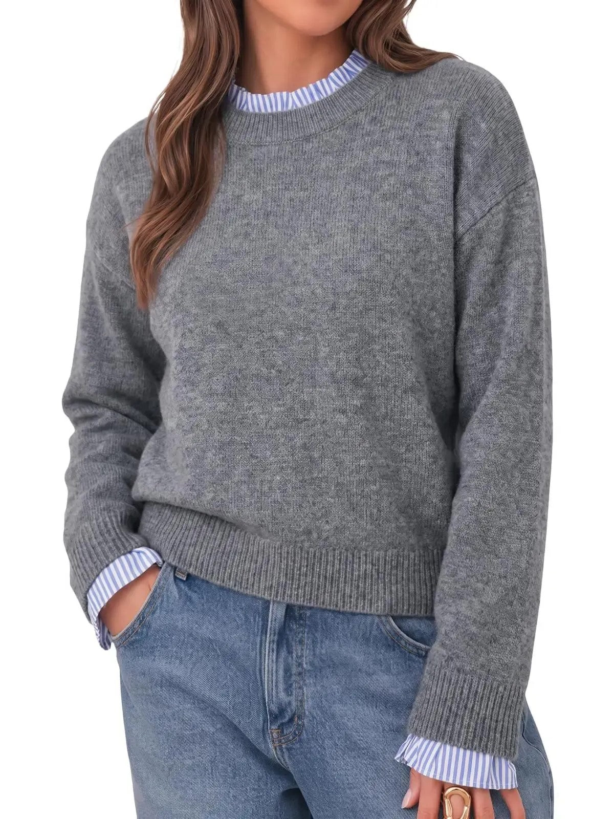 Women's Ruffle Striped Trim Crew Neck Fake Two Piece Sweater