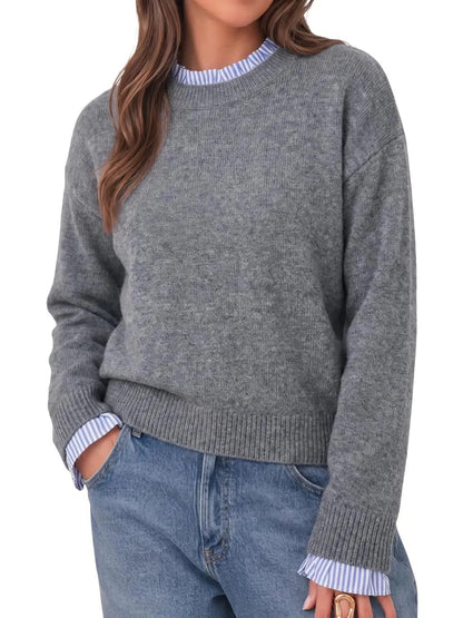 Women's Ruffle Striped Trim Crew Neck Fake Two Piece Sweater