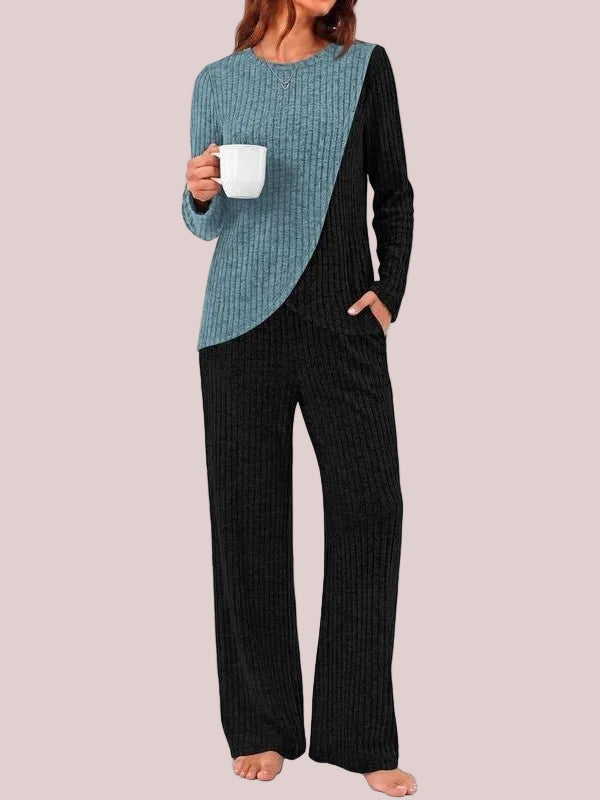 Women's Ribbed Long Sleeve Top & Wide Leg Pants Loungewear Set