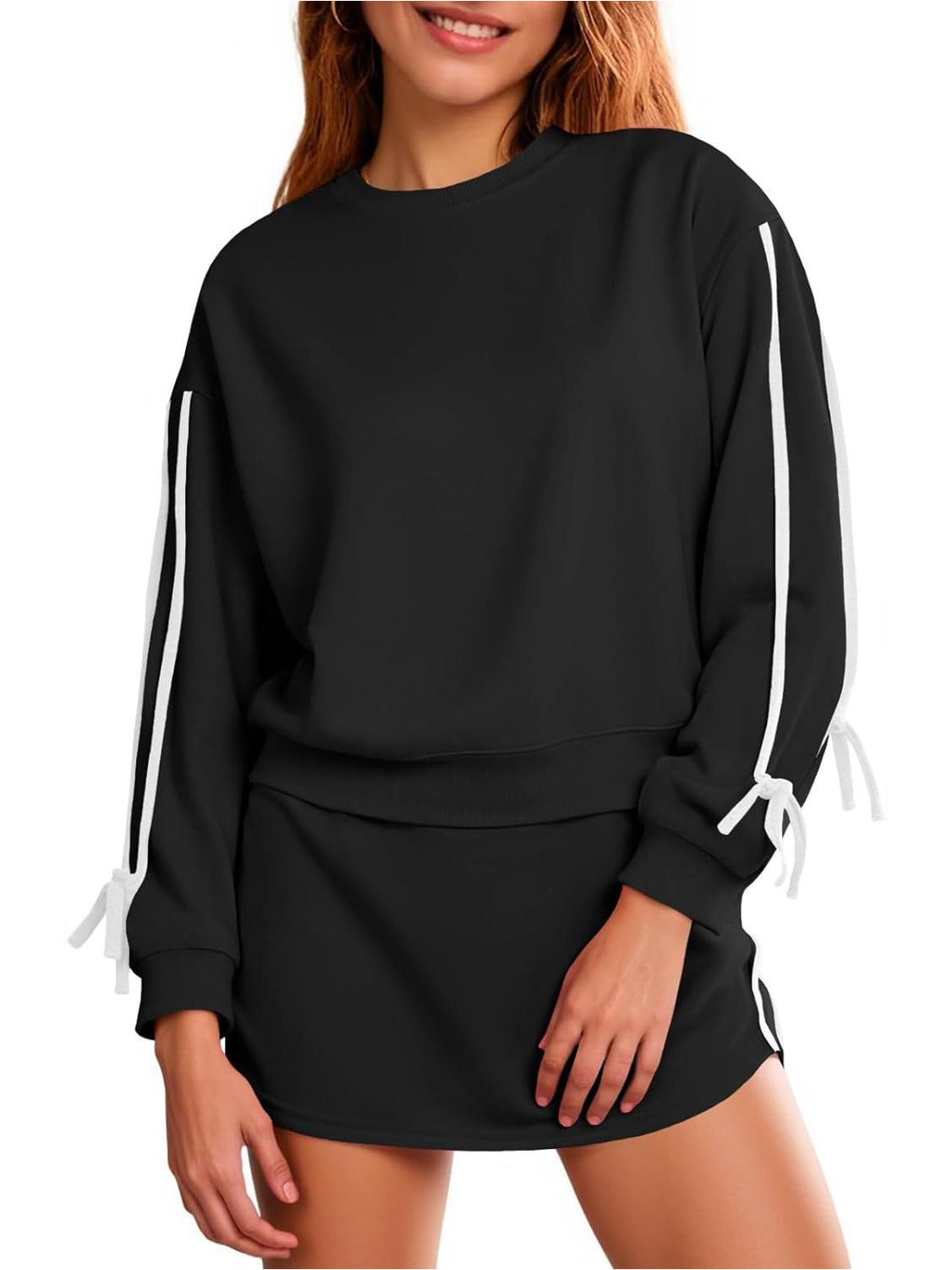 Women's Spring Sporty Long Sleeve Sweatshirt and Skorts Set