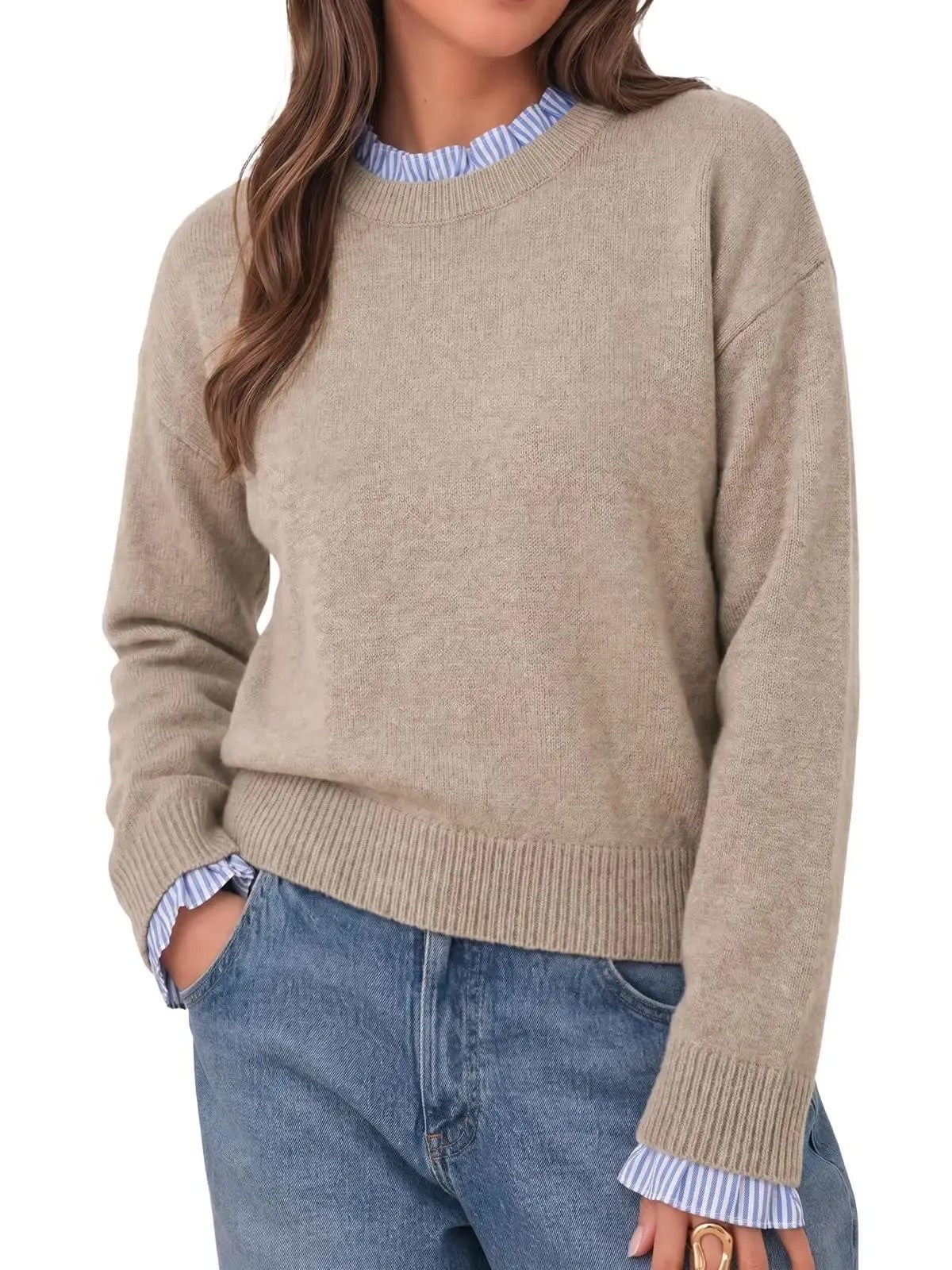 Women's Ruffle Striped Trim Crew Neck Fake Two Piece Sweater
