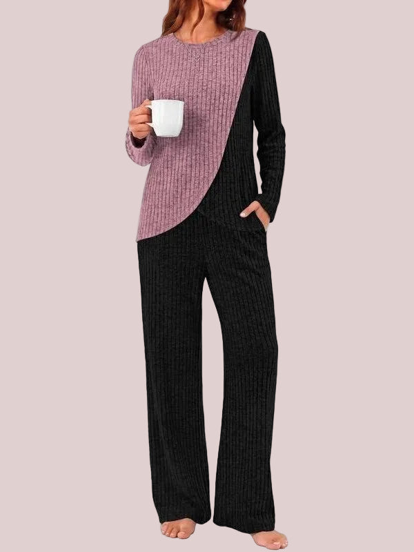 Women's Ribbed Long Sleeve Top & Wide Leg Pants Loungewear Set