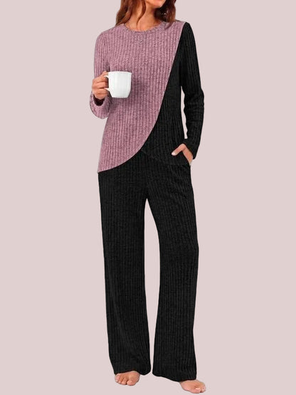 Women's Ribbed Long Sleeve Top & Wide Leg Pants Loungewear Set