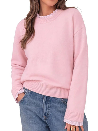 Women's Ruffle Striped Trim Crew Neck Fake Two Piece Sweater