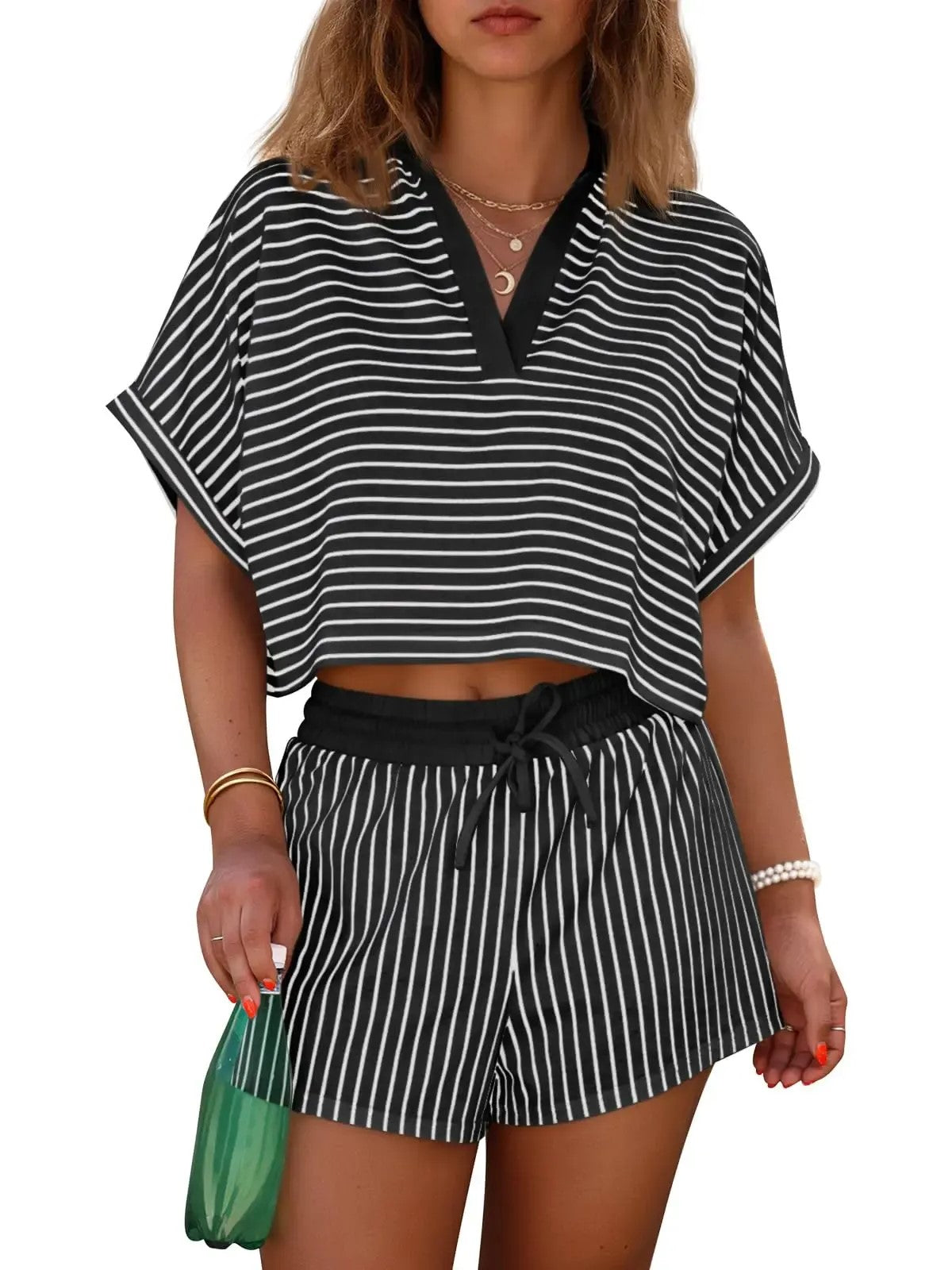 Women's Comfort Striped Short Sleeve & Shorts Set