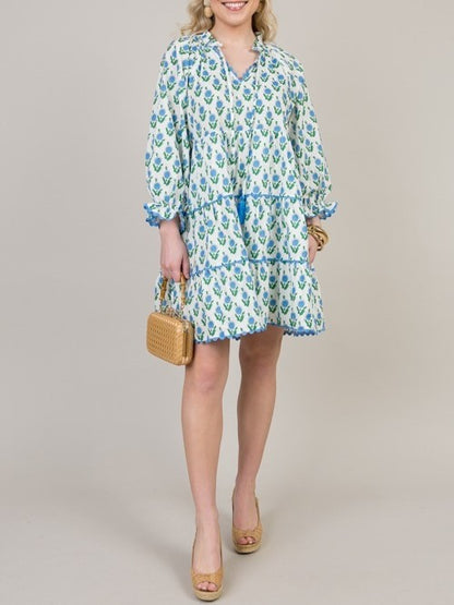 Women's Floral Print V Neck 3/4 Sleeve Dress