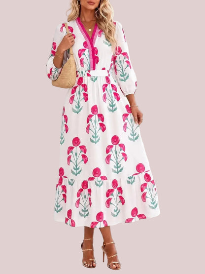 Women's Bohemian Floral Printed Tiered Midi Dress with Elastic Waist