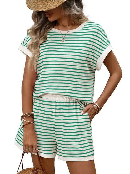 Women's Summer Matching Set Striped Short Sleeve Lounge Set Two Piece Outfit