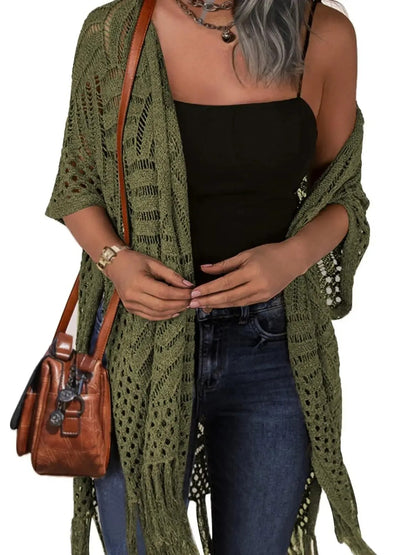 Women's Boho Fringe Crochet Long Cover‑Up