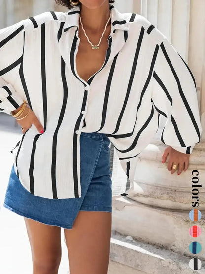 Women's Daily Wear Flowy Oversized Stripe Button Shirt
