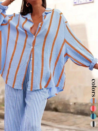Women's Daily Wear Flowy Oversized Stripe Button Shirt