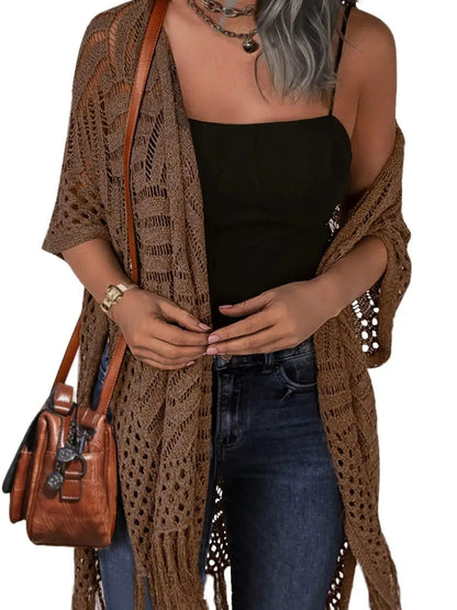Women's Boho Fringe Crochet Long Cover‑Up