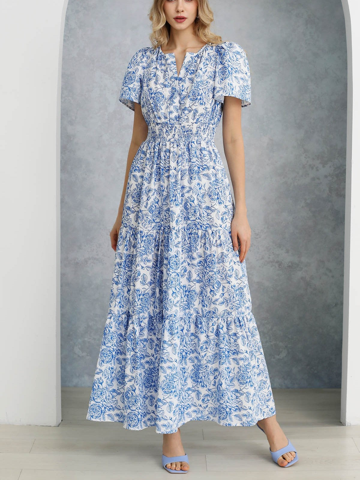 Women's Boho Floral Smocked Waist Maxi Dress