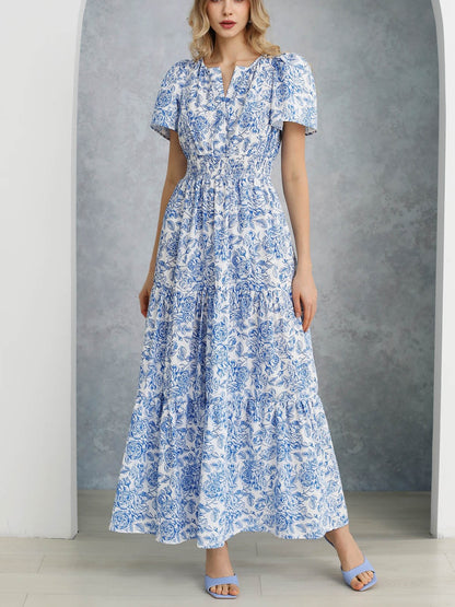 Women's Boho Floral Smocked Waist Maxi Dress