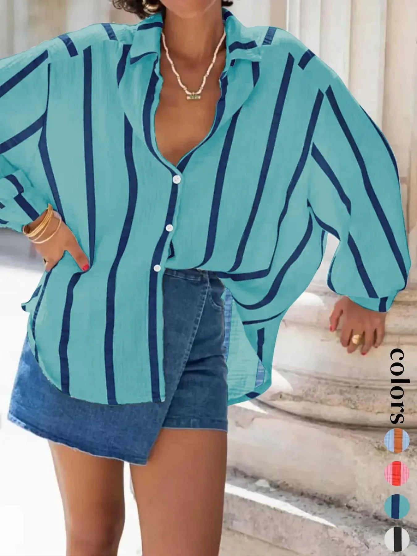 Women's Daily Wear Flowy Oversized Stripe Button Shirt