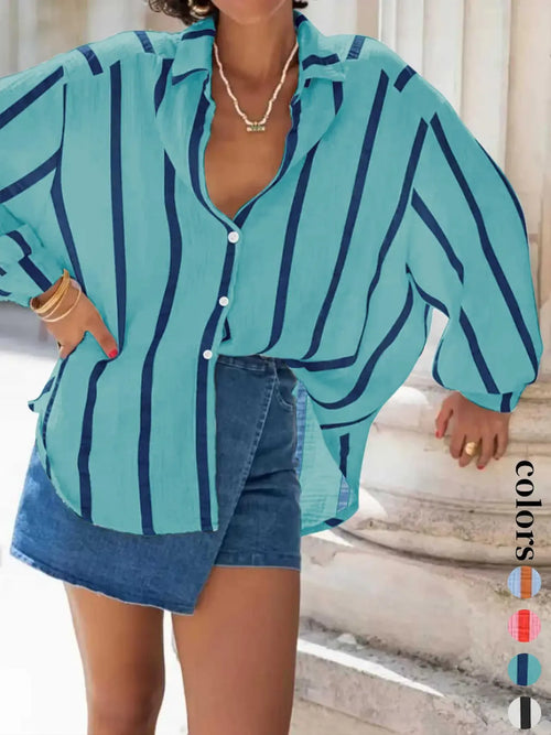 Women's Daily Wear Flowy Oversized Stripe Button Shirt