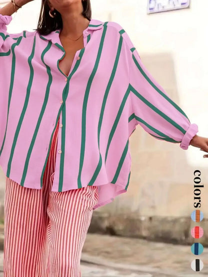 Women's Daily Wear Flowy Oversized Stripe Button Shirt